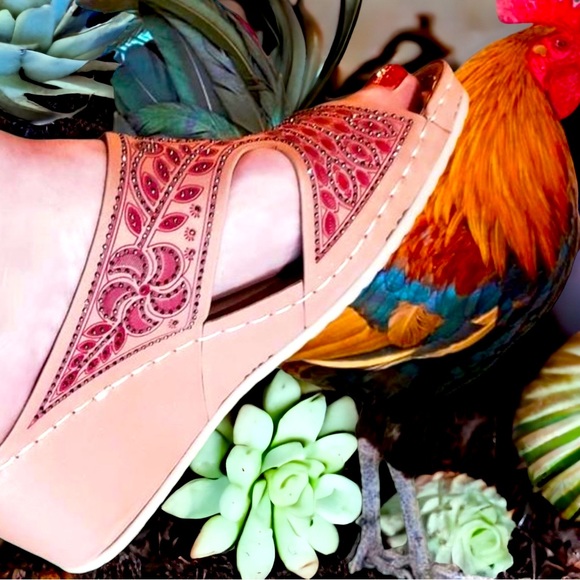 Italina Brown Floral Rhinestone Peep Toe Wedge Padded Slide Comfort Sandals 10 - Picture 6 of 15